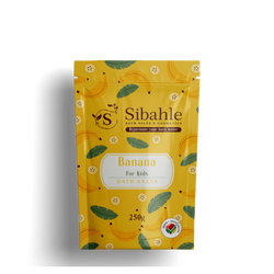 Yellow package of Sibahle Banana bath salts for kids on a white background