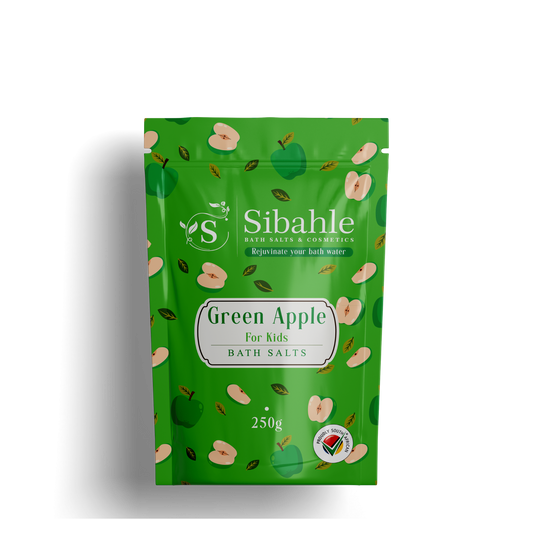 Green package of Sibahle Green Apple bath salts for kids on a white background