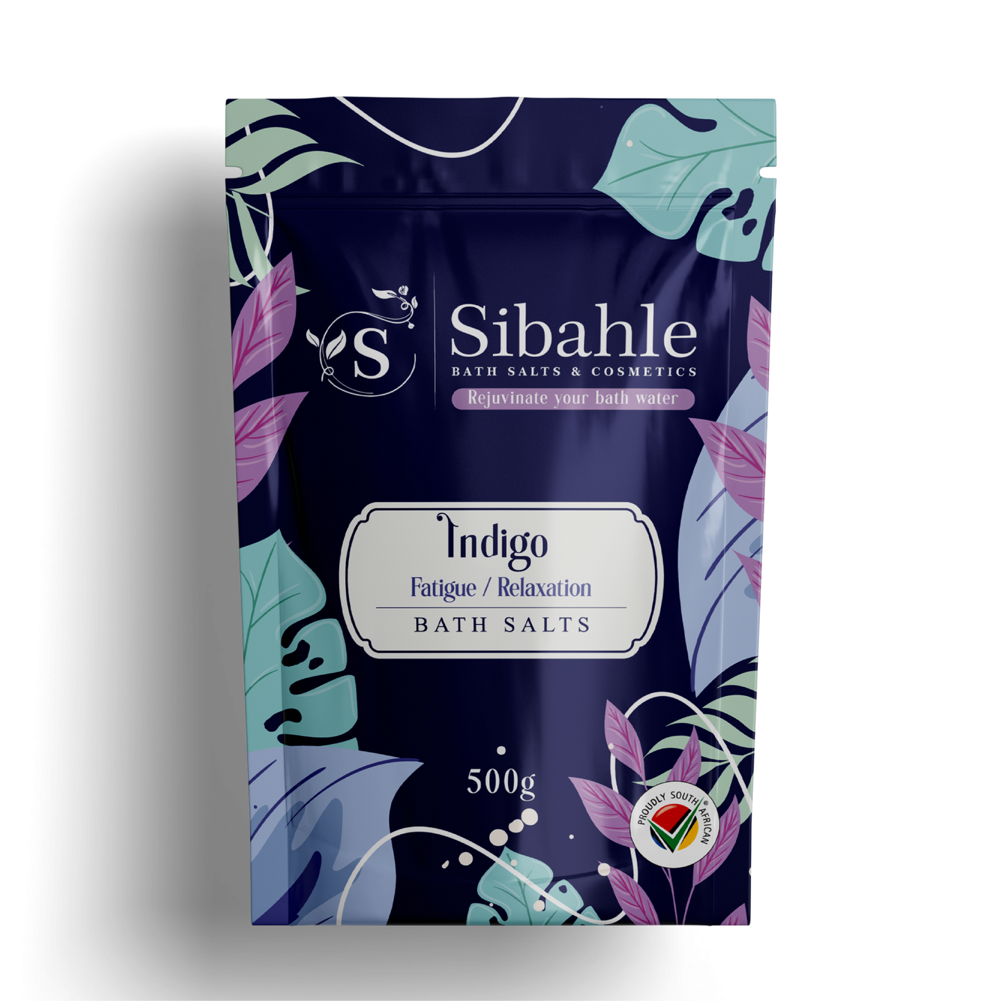 Sibahle Indigo bath salts packaging with leaf designs on a white background