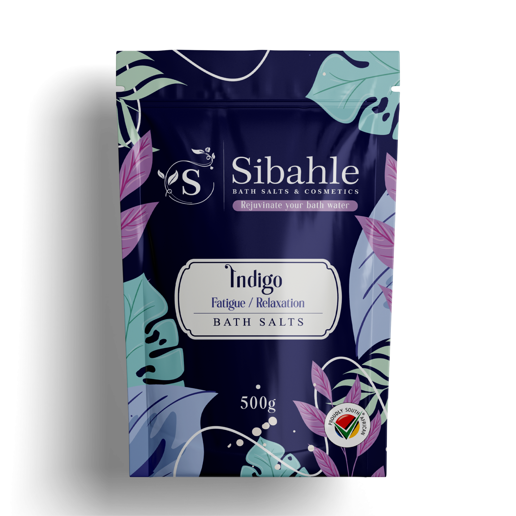 Sibahle Indigo bath salts packaging with leaf designs on a white background
