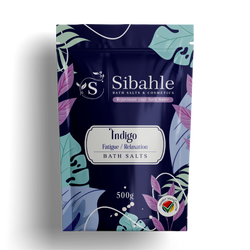 Sibahle Indigo bath salts packaging with leaf designs on a white background