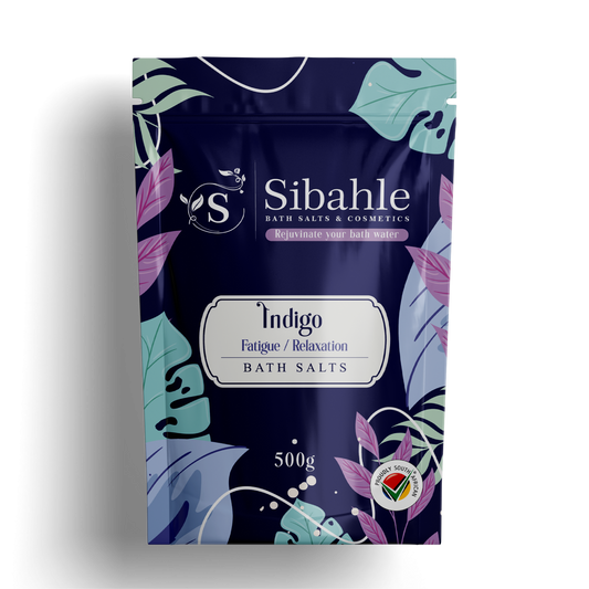 Sibahle Indigo bath salts packaging with leaf designs on a white background