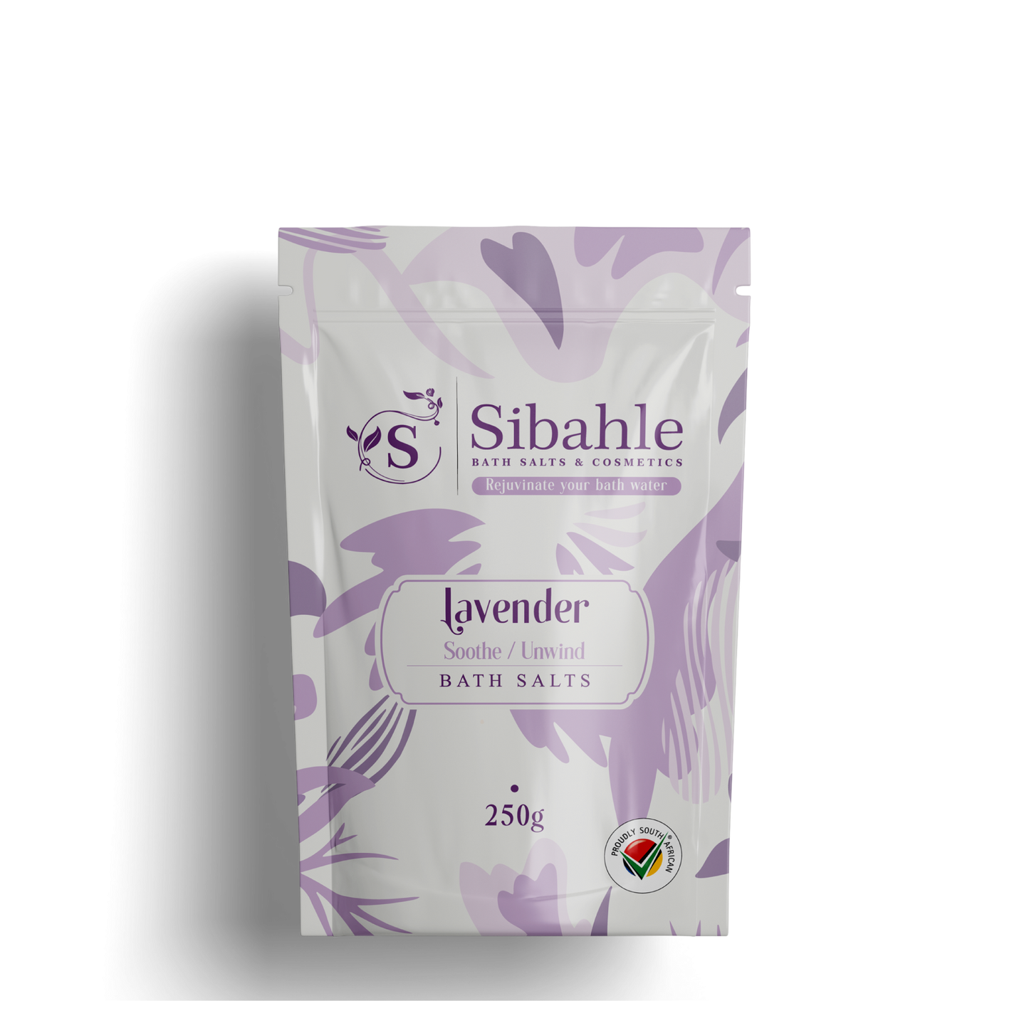 Sibahle lavender bath salts packaging on a white background