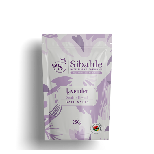 Sibahle lavender bath salts packaging on a white background