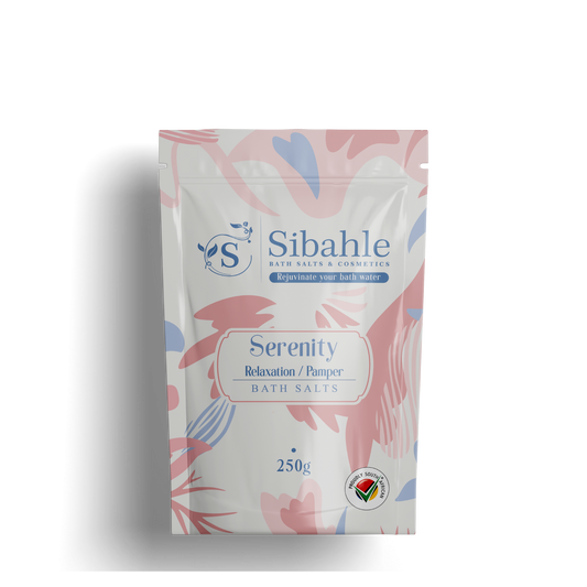 Sibahle Serenity bath salts packaging on a white background