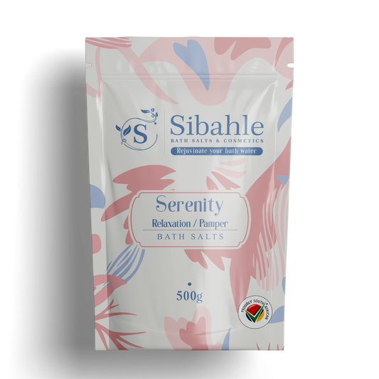 Sibahle Serenity bath salts packaging with floral design on a white background